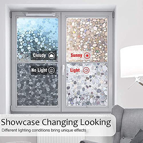 rabbitgoo Window Privacy Film, Decorative Window Clings, UV Blocking Window Coverings Static Cling Non Adhesive Door Stickers, Stained Glass Rainbow Window Vinyl, 3D Pebble, 17.5 x 78.7 inches