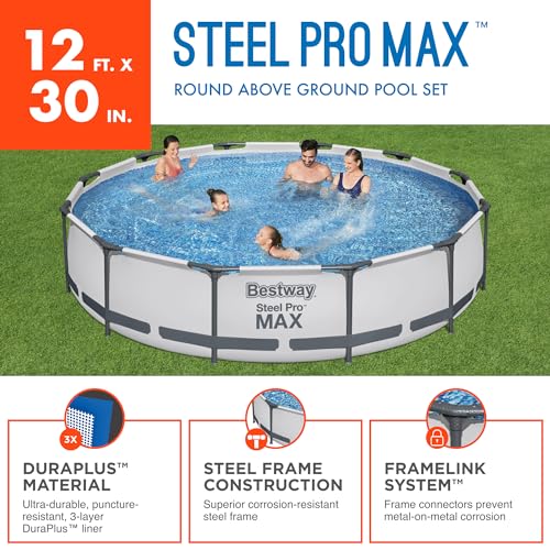 Bestway Steel Pro MAX 12 Foot by 30 Inch Round Above Ground Swimming Pool Set Outdoor Metal Frame Family Pool with Filter Pump, Gray