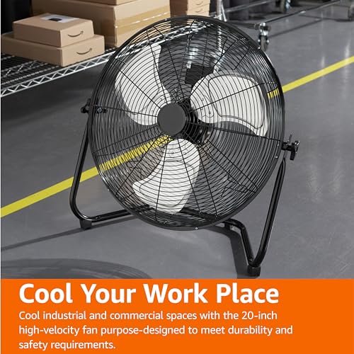 Amazon Basics 20" High-Velocity Heavy-Duty Industrial Floor Fan, 3 Speeds, Metal Construction and Aluminum Blades, Ideal for Industrial & Commercial Spaces, 125W, Black, 9.45"D x 23.43"W x 23.82"H