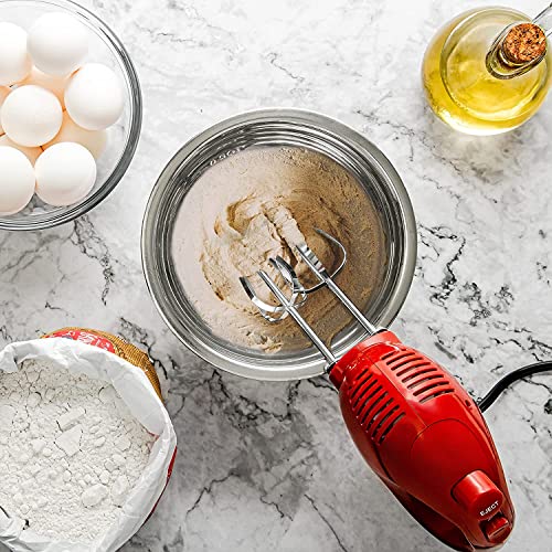 OVENTE Portable 5 Speed Mixing Electric Hand Mixer with Stainless Steel Whisk Beater Attachments & Snap Storage Case, Compact Lightweight 150 Watt Powerful Blender for Baking & Cooking, Red HM151R