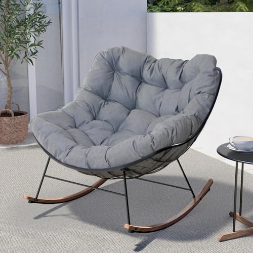 Grand patio Rocking Chair Outdoor, E-Coated Papasan Rocking Chair with Cushion, Outdoor Rocker Recliner Chair for Patio Porch Garden Backyard, Grey