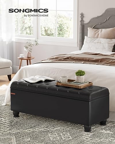 SONGMICS Storage Ottoman, Storage Bench, Tufted Entryway Bedroom Bench, 17.7 x 46.5 x 17.7 Inches, Hinges Easy Lid Operation, Wooden Legs, Synthetic Leather, Loads 330 lb, Classic Black ULOM071B01