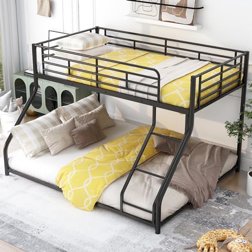 Metal Floor Bunk Bed, Twin XL Over Queen, Heavy Duty Bunk Bed with Ladders & Safety Guardrail for Kids Teens Adults, No Box Spring Needed, Easy to Assemble