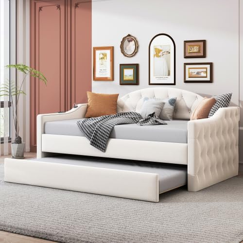Upholstered Daybed with USB&Type-C Ports Ergonomic Backrest and Trundle, Twin Size Day Bed Sofa Bed, Modern Twin Daybed Frame, Extendable Frame for Kids Teens Adults,Living Room, Bedroom, New (Beige)