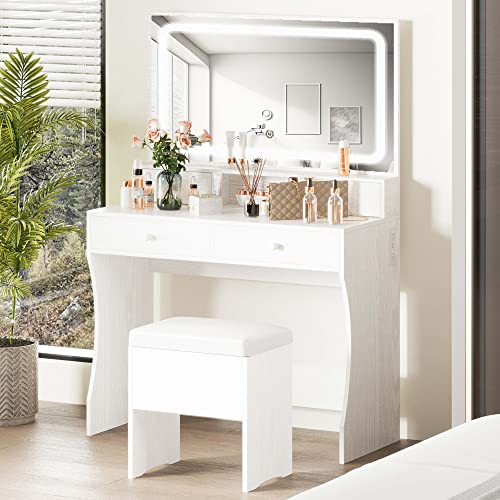 IRONCK Vanity Desk with LED Lighted Mirror & Power Outlet, Makeup Vanities Table with 4 Drawers,Storage Bench,for Bedroom White