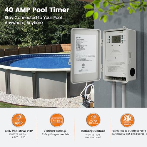 Suraielec Pool Timer, 7-Day Digital Pool Pump Timer Switch, 40 AMP Heavy Duty, 120/240/277 VAC, 2HP Programmable Timer Box for Swimming Pool Pump, Hot Water Heater, Lights, Outdoor/Indoor Use