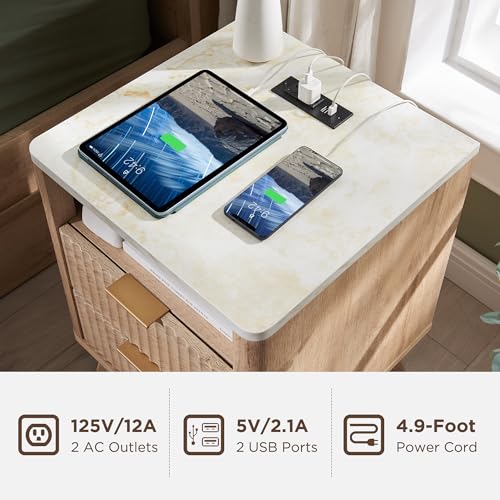 T4TREAM Fluted Nightstand with Charging Station, 18" Modern Side Table with Faux Marble Top, 2 Drawers End Table w/Storage, Bedside Table for Bedroom, Living Room, Curved Profile Design, Natural Oak