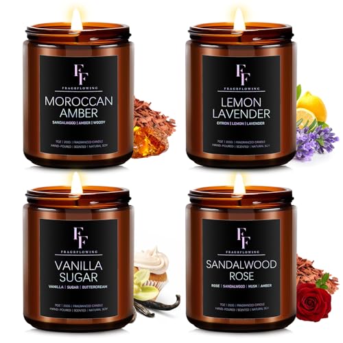 FF FRAGRFLOWING Scented Candles for Home Scented Aromatherapy Candles, 4 Pack 28 Oz Soy Wax Candle Gift Set for Women Men (Lemon Lavender/Vanilla Sugar/Sandalwood Rose/Moroccan Amber)