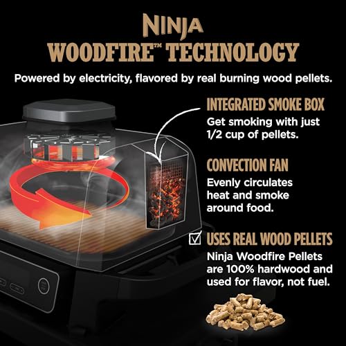 Ninja OG701 7-in-1 Outdoor Electric Grill & Smoker - Grill, BBQ, Air Fry, Bake, Roast, Dehydrate & Broil - Uses Woodfire Pellets - Portable & Weather Resistant