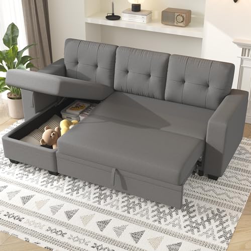 Furniwell Sleeper Sofa, Reversible Sectional Couch Tufted Linen Backrest L-Shape Pull Out Couch Bed with Storage Chaise Lounge for Living Room, Small Apartment, Dorm, Dark Gray