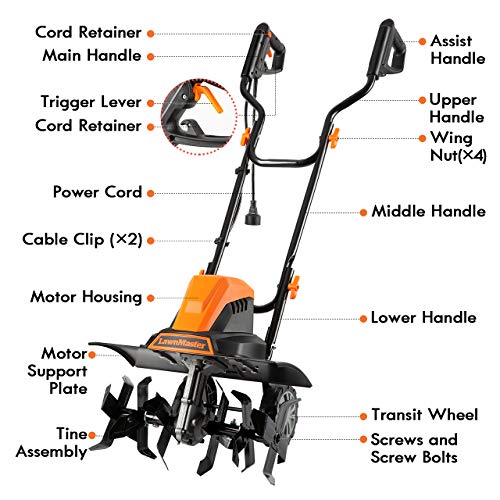 LawnMaster TE1318W1 Corded Electric Tiller 13.5-Amp 18-Inch Orange