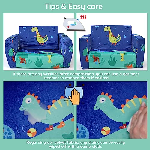 ACRABROS Kids Couch: Toddler Sofa Bed Fold Out for Gilrs Boys Baby Flip Out Convertible Lounge Chair Dinosaur