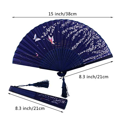 Bantoye 2 Pieces Handheld Fans, Silk Folding Fans with Bamboo Frames for Dancing Cosplay Wedding Party Props Decoration, White Blue