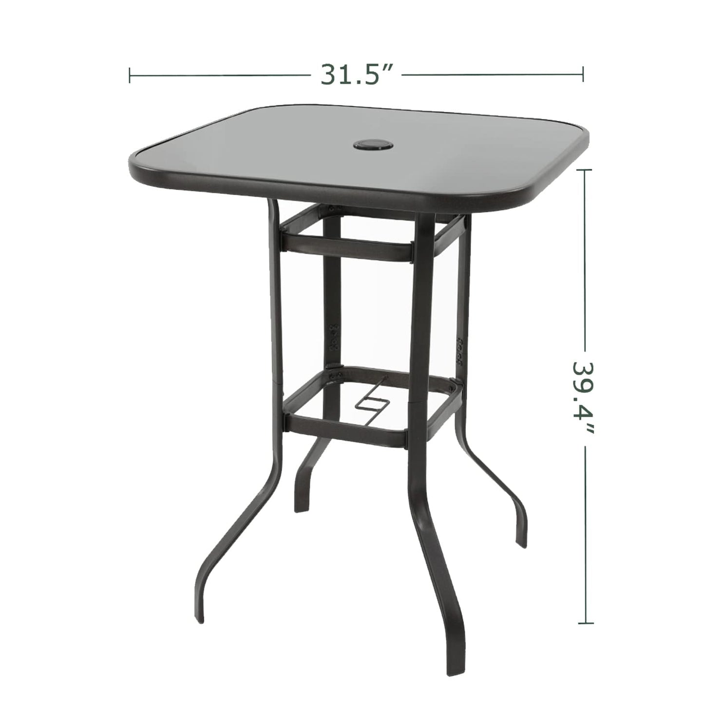 Poteban Patio Bar Height Table with Umbrella Hole, 2-Tier High Top Outdoor Bistro Table, Square Tempered Glass Metal Table for Patio, Lawn, Bar