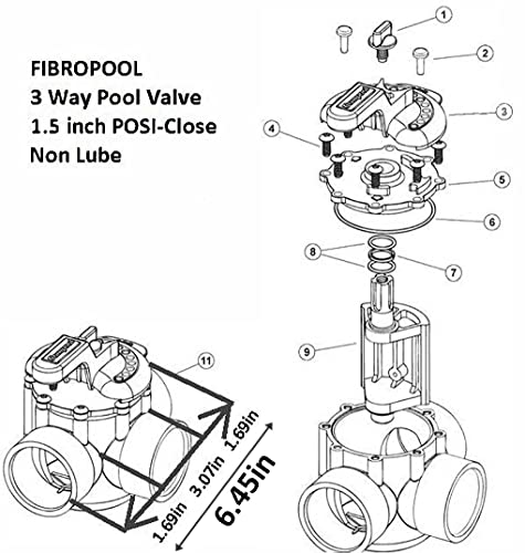 FibroPool Swimming Pool Diverter Valve - 1 1/2 Inch - 3 Way - Positive Seal & Non Lube Replacement Valve for Pools and Spas Black