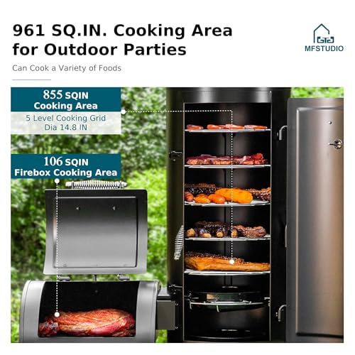 MFSTUDIO Extra Large Vertical Offset Smoker, Heavy-Duty Vertical Charcoal Smoker Grill BBQ Gill with Offset Smoker Box, 961 SQ.IN. Cooking Area with Push-out Ash Tray for Smoking, Black