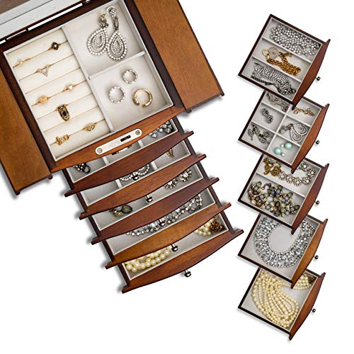 Rowling Large Wooden Jewelry Box Earrling Necklace Bracelets Organizer 6 Drawers M10 (Brown)