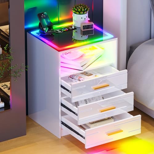 Lvifur LED Nightstand with Wireless Charging Station and 24 Color Dimmable Auto Sensor for Bedroom Furniture,RGB Touch Screen Bedside Table with USB&Type-C Ports and 3 Drawer(High Gloss White)