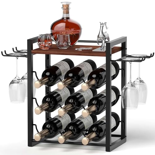 NANAGIFTREE Wine Rack Countertop, Wooden Wine Stand with Tray, Holds 9 Wine Bottles and 4 Glasses, Freestanding Wine Rack for Home, Kitchen, Bar, Wine Cellar