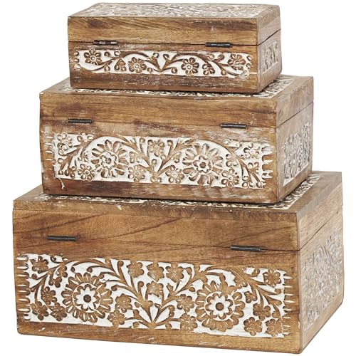 Deco 79 Mango Wood Floral Decorative Box Decorative Keepsake Boxes with Hinged Lid, Set of 3 Storage Boxes 8", 10", 12"W, Brown