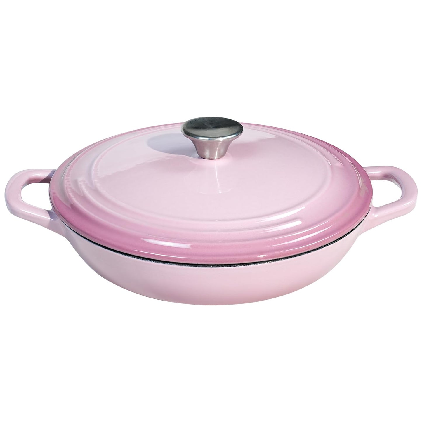 Flavehc Braiser Enameled Cast Iron Braiser 3 qt Braiser Pan with Lid Pink Shallow Cast Iron Casserole Braiser Pan with Handels