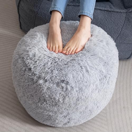 HIGOGOGO Round Stuffed Pouf Ottoman, Long Faux Fur Poufs with Foam Chunk Filling, Fluffy and Furry Pouf Foot Stool Storage Ottoman, 20 X 15 Floor Poufs Foot Rest for Living Room, Grey