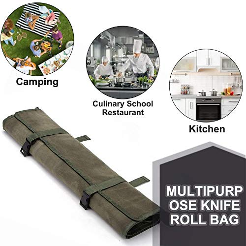 HERSENT Chefs Knife Roll Bag, Waxed Canvas Knife Cultery Carrier, Portable Chef Knife Cases, Knife Pouch Holders with 10 Slots Plus 1 Zipper Pockets Can Hold Home Kitchen Knife Tools Up to 18.8, 1.