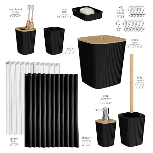 Clara Clark Bathroom Accessories Set - Bathroom Set, 20PC Bathroom Accessory Set, Black Shower Curtain Set, Toilet Brush, Trash Can & Soap Dispenser