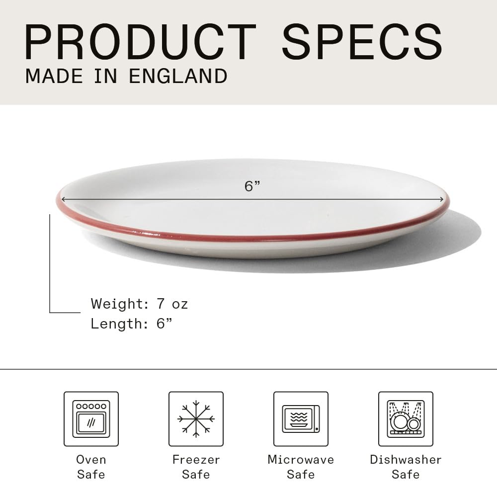 Made In Cookware - Set of 4 - Bread and Butter Plates - White With Red Rim - Porcelain - Crafted in England