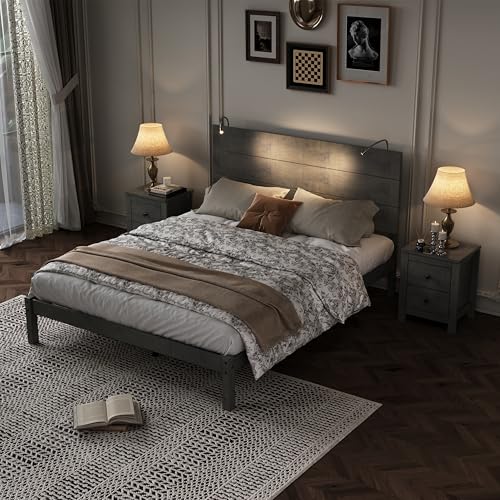 Linique Rustic Style 3-Pieces Bedroom Sets,Full Size Farmhouse Platform Bed with Two Bedside Lights, 2-Drawer Nightstand,Antique Gray