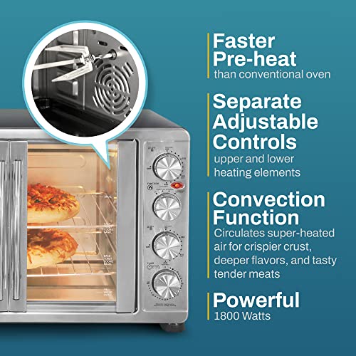 Elite Gourmet ETO-4510M French Door 47.5Qt, 18-Slice Convection Oven 4-Control Knobs, Bake Broil Toast Rotisserie Keep Warm, Includes 2 x 14" Pizza Racks, Stainless Steel