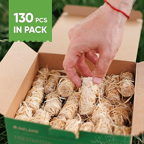 Inflame Fire Starters 130 pcs Fire Starters for Campfires, Grill, BBQ, Fireplace, Woodstove - Charcoal Starter - Waterproof, Weather-Resistant - Natural Wood Fireplace Starters