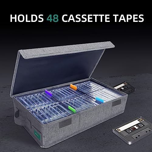 T WaveTree Cassette Tape Storage Box, Practical Cassette Tape Holder 16.34 x 9.25 x 3.54 Inch, Cassette Rack with Lids and Index Labels to store to 48 Cassette Tape Cases - Gray