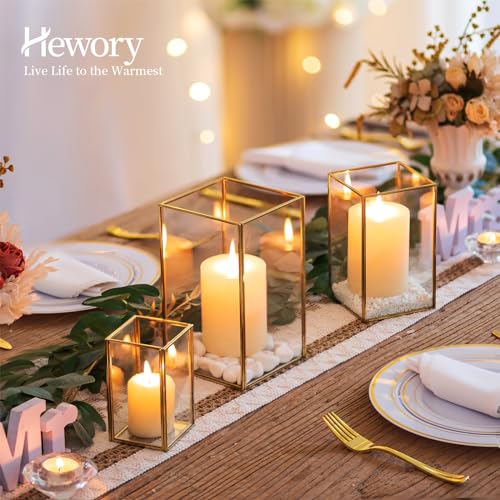 Glass Hurricane Candle Holder Large - Hewory 18pcs Gold Rectangle Flower Holders Centerpiece for Table, Tall Floor Square Pillar Candle Lantern for Wedding, Anniversary, Party, Fireplace, Dining Room