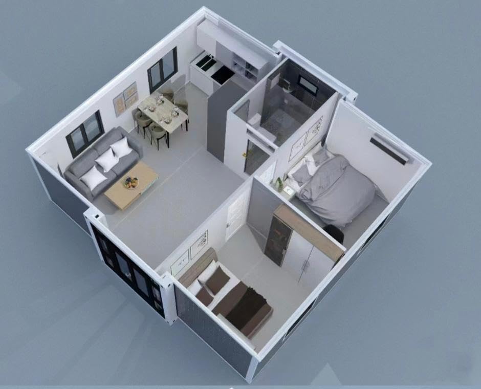 JAHA Tiny Foldable Prefab House to Live in 1 Bedroom, 2 Bed Rooms, 1 Kitchen, 1 Bathroom and Shower - Expandable House, for Small Family, Mobile House Cabin, Guest House, Portable and Container House