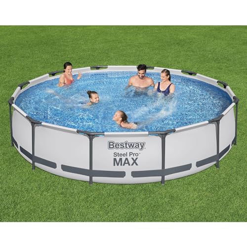 Bestway Steel Pro MAX 12 Foot by 30 Inch Round Above Ground Swimming Pool Set Outdoor Metal Frame Family Pool with Filter Pump, Gray