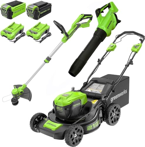 Greenworks 40V 21" Self-Propelled Mower,Axial Leaf Blower,12" String Trimmer with Batteries and Chargers