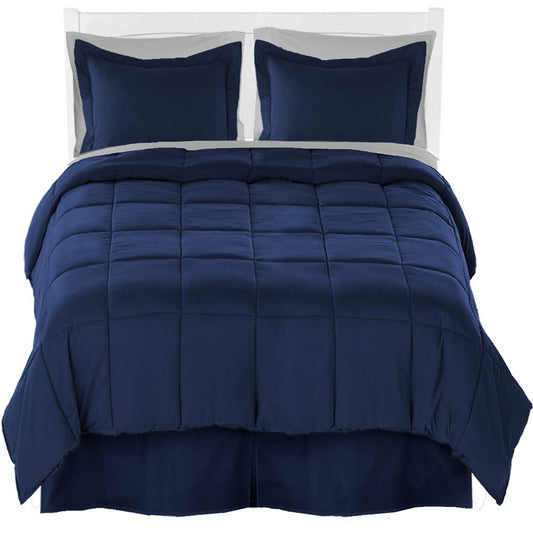 Split King Comforter Set + Sheet Set + Bed Skirt - Premium Ultra-Soft Brushed Microfiber (Comforter Set: Dark Blue, Sheet Set: Light Grey, Bed Skirt: Dark Blue)