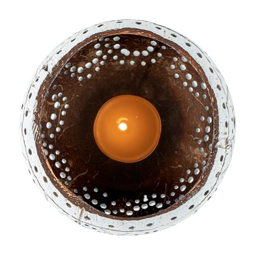 Restaurantware - Coco Casa 4 x 3.3 Inch Coconut Shell Candle Holders, 1 Reusable Tealight Candle Holders - Candle Not Included, Sun And Light Pattern, White Coconut Bowls For Candles, Handcrafted