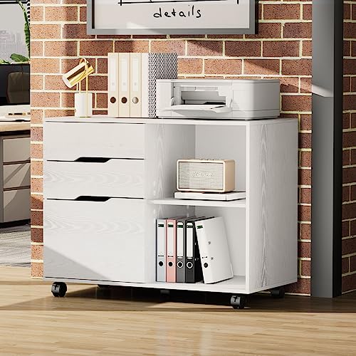 OLIXIS 3 Drawer File Cabinet Mobile Lateral Printer Stand with Adjustable Storage Shelves for Home Office Small Space, White