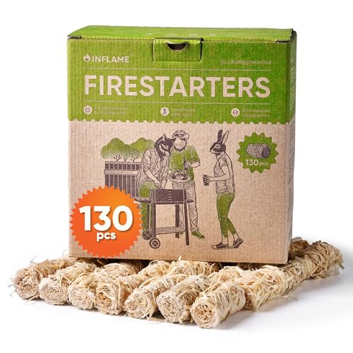 Inflame Fire Starters 130 pcs Fire Starters for Campfires, Grill, BBQ, Fireplace, Woodstove - Charcoal Starter - Waterproof, Weather-Resistant - Natural Wood Fireplace Starters