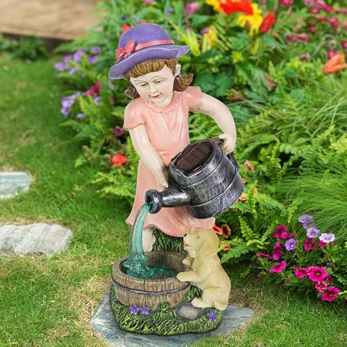 Exhart Garden Sculpture, Solar Girl Garden Statue with Watering Can, LED Water, Outdoor Lawn and Yard Decoration, 6 x 6 x 12.5 Inch