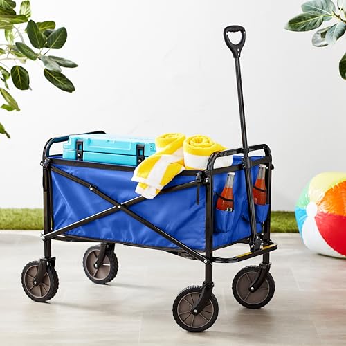 Amazon Basics Collapsible Folding Wagon, Heavy Duty, Utility Wagon for Sports, Camping, Garden, and Shopping, Blue