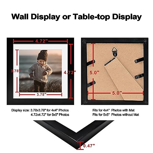 KINLINK 5x5 Picture Frames Black, Square Photo Frames with Plexiglass for Picture 4x4 with Mat or 5x5 without Mat, Composite Wood Picture Frames for Table Top and Wall Mounting, Set of 4