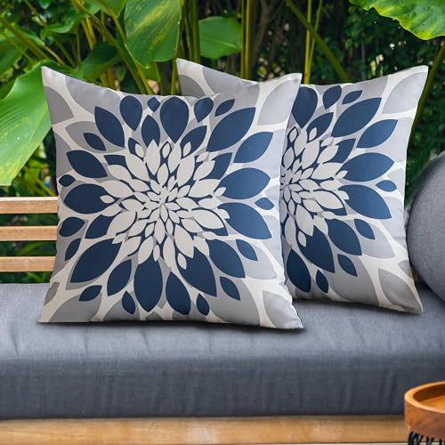 Qahing Pack of 4 Outdoor Waterproof Pillow Covers 18x18 Decorative Outdoor Throw Pillows Garden Square Cushion Cases for Patio Furniture, Couch, Tent Sunbrella, Bench, Blue Grey