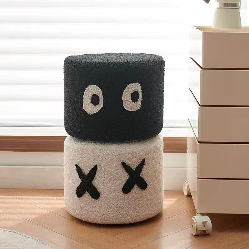 Lumosky Cute Round Stool Ottoman, Home Lamb Plush Living Room Cartoon Cute, Entrance Shoe-Changing Cream Stool,Living Room,Bedroom,Balcony Game,Desk,Playing Room (Black Eyes)