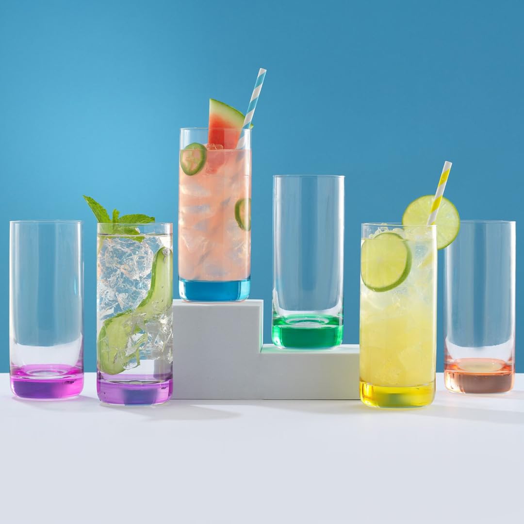 JoyJolt Hue Highball Glasses Set of 6 Tall Drinking Glasses. 13oz Cocktail Glasses, Bourbon Whiskey Glass Cups Set, Mojito Glass Tumbler, Tom Collins Glasses, Water Glasses. Colored Glassware Sets