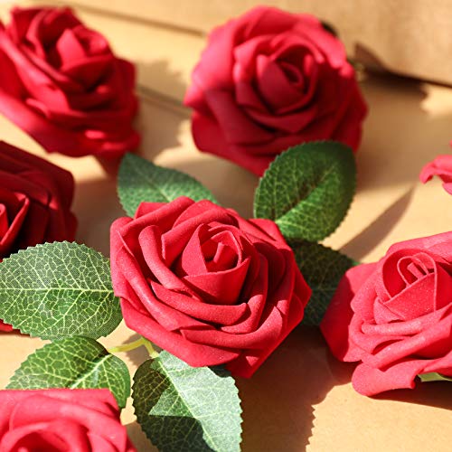 AmyHomie Artificial Flower Dark Red Rose 25pcs Real Looking Fake Roses w/Stem for DIY Wedding Bouquets Centerpieces Arrangements Party Baby Shower Home Decorations