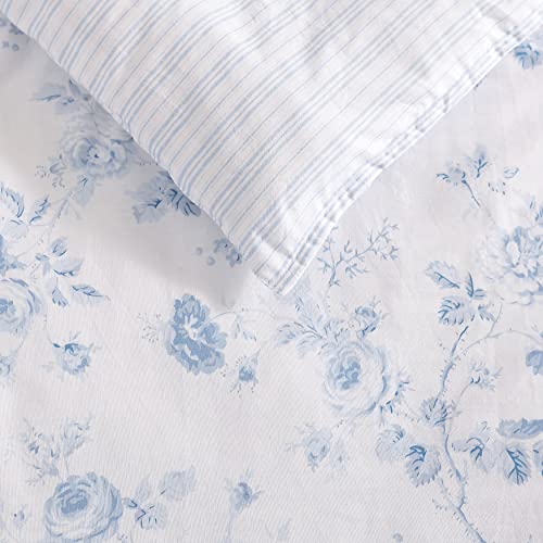 Laura Ashley- Twin XL Comforter Set, Reversible Cotton Bedding with Matching Sham(s), Farmhouse Home Decor, Dorm Room Essentials (Belinda Blue, Twin XL)