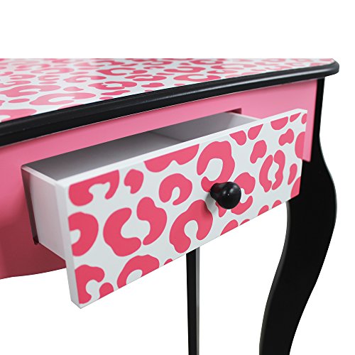 Teamson Kids Leopard Prints Wooden 2-pc. Play Vanity Set with Tri-Fold Mirror, Storage Drawer and Matching Stool to Play Dress-up, Princess or Beauty Shop, Black/Pink